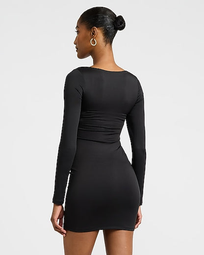 Jersey Knit Square Neck Long Sleeve Belted Mini Wrap Dress