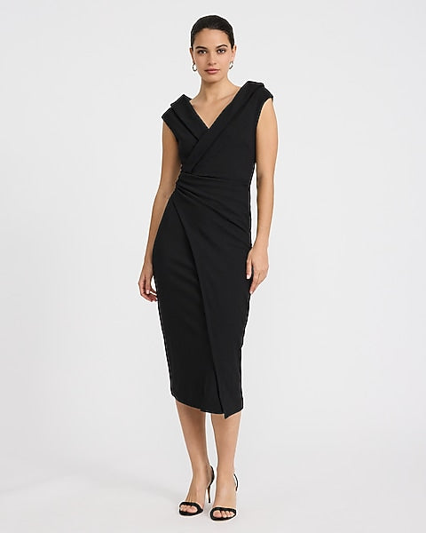 Crepe V-Neck Cap Sleeve Surplice Midi Sheath Dress
