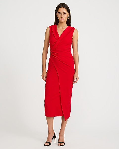 Crepe V-Neck Cap Sleeve Surplice Midi Sheath Dress