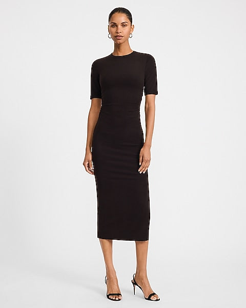 Ribbed Crew Neck Short Sleeve Ruched Maxi Dress