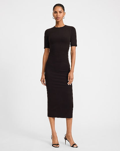 Ribbed Crew Neck Short Sleeve Ruched Maxi Dress