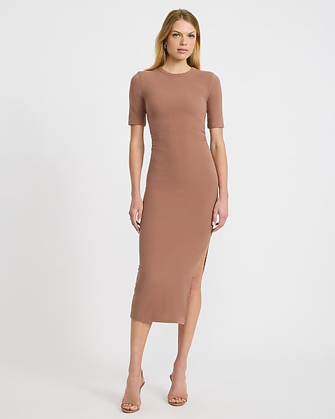 Ribbed Crew Neck Short Sleeve Ruched Maxi Dress