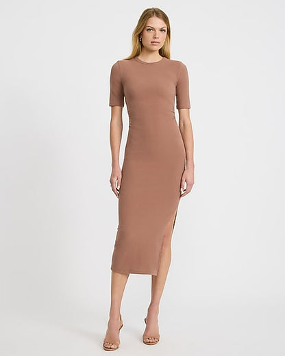 Ribbed Crew Neck Short Sleeve Ruched Maxi Dress