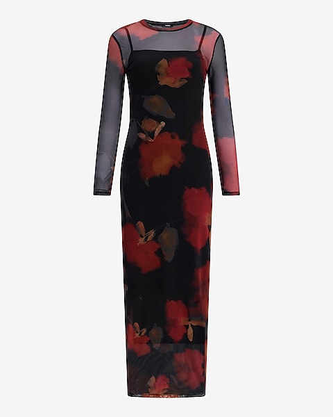 Floral Mesh Crew Neck Long Sleeve Maxi Dress - Red Print