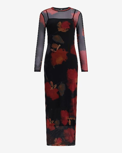 Floral Mesh Crew Neck Long Sleeve Maxi Dress - Red Print