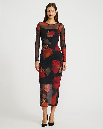 Floral Mesh Crew Neck Long Sleeve Maxi Dress - Red Print