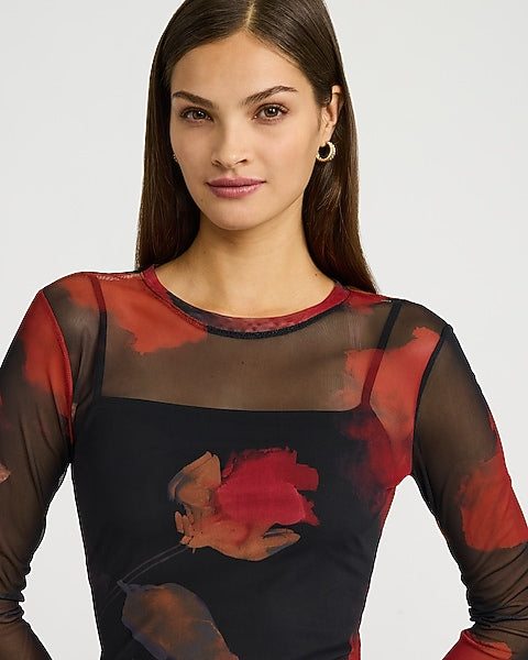 Floral Mesh Crew Neck Long Sleeve Maxi Dress - Red Print
