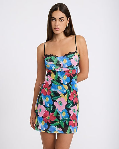Floral Mesh Peekaboo Lace Mini Dress - Red Print