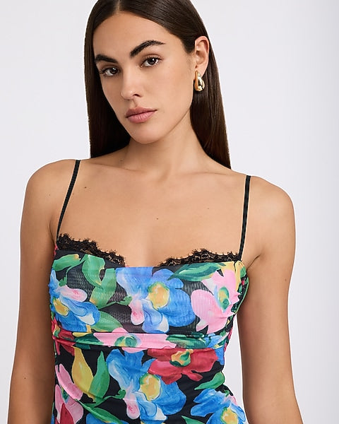 Floral Mesh Peekaboo Lace Mini Dress - Red Print