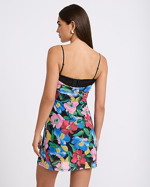 Floral Mesh Peekaboo Lace Mini Dress - Red Print
