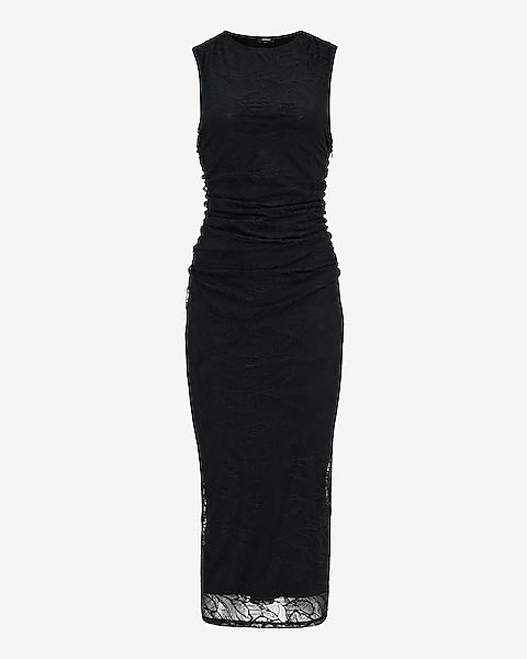 Lace Crew Neck Ruched Midi Sheath Dress