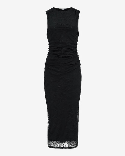 Lace Crew Neck Ruched Midi Sheath Dress
