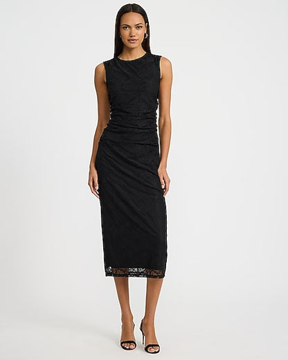 Lace Crew Neck Ruched Midi Sheath Dress