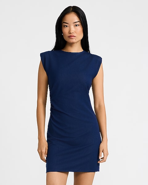Twill Crew Neck Padded Shoulder Ruched Mini Sheath Dress - Indigo