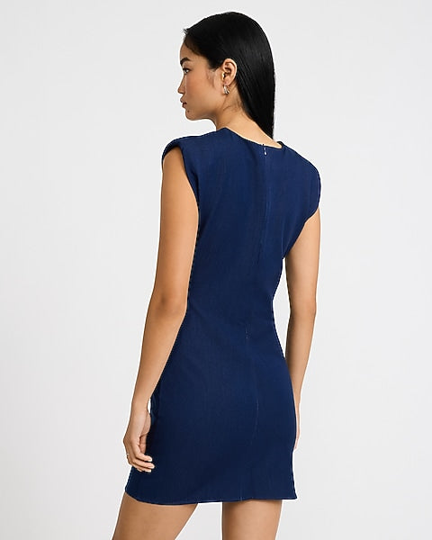 Twill Crew Neck Padded Shoulder Ruched Mini Sheath Dress - Indigo