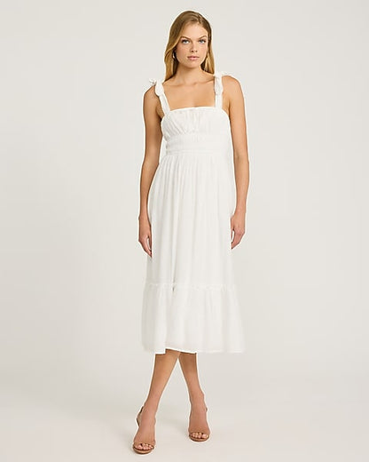 Eyelet Smocked Square Neck Tie Strap Tiered Midi Dress