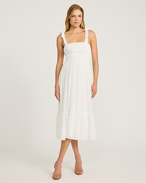 Eyelet Smocked Square Neck Tie Strap Tiered Midi Dress