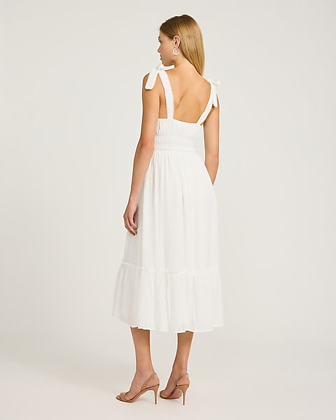 Eyelet Smocked Square Neck Tie Strap Tiered Midi Dress