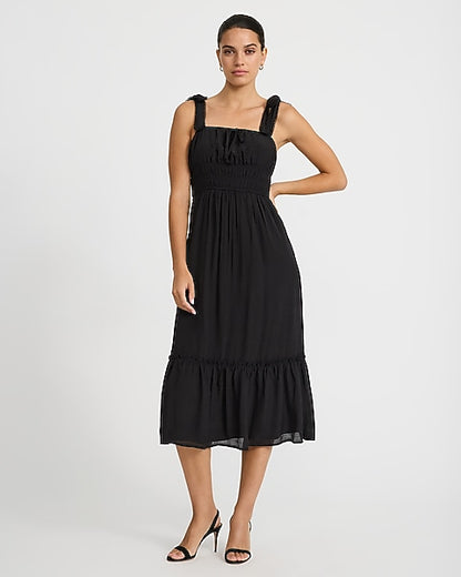 Eyelet Smocked Square Neck Tie Strap Tiered Midi Dress