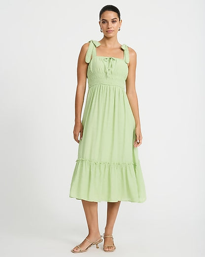 Eyelet Smocked Square Neck Tie Strap Tiered Midi Dress