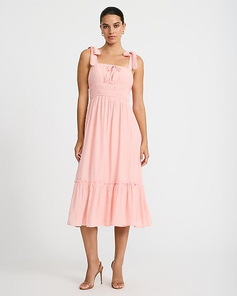 Eyelet Smocked Square Neck Tie Strap Tiered Midi Dress