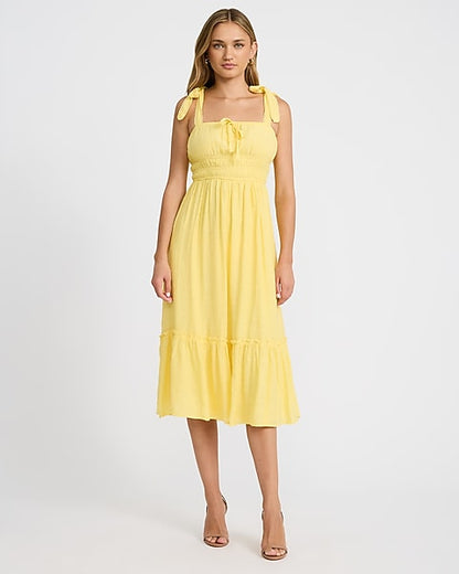 Eyelet Smocked Square Neck Tie Strap Tiered Midi Dress