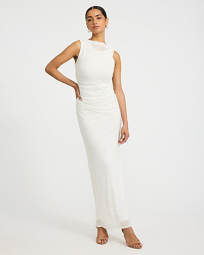Mesh Crew Neck Sleeveless Ruched Maxi Dress
