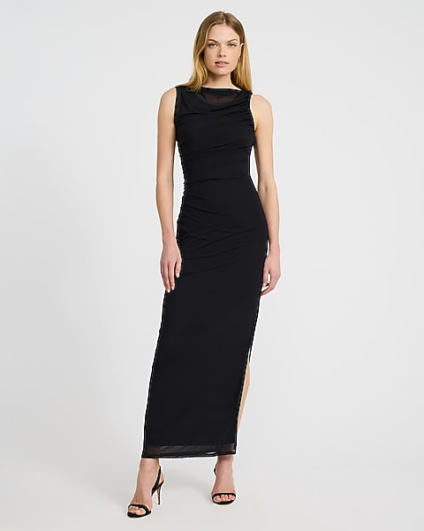 Mesh Crew Neck Sleeveless Ruched Maxi Dress