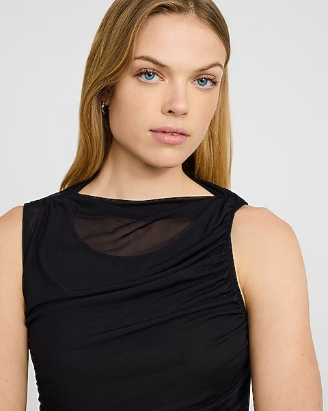 Mesh Crew Neck Sleeveless Ruched Maxi Dress