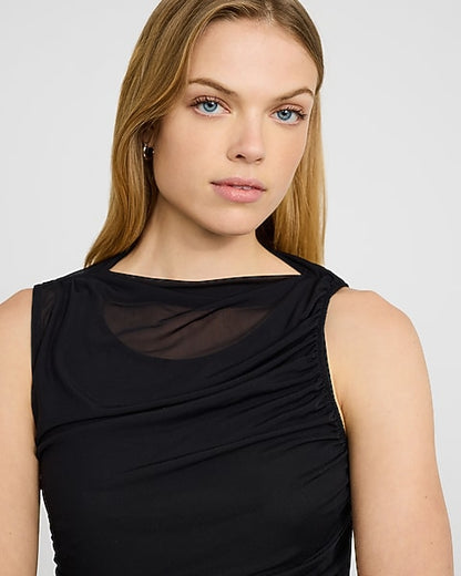 Mesh Crew Neck Sleeveless Ruched Maxi Dress