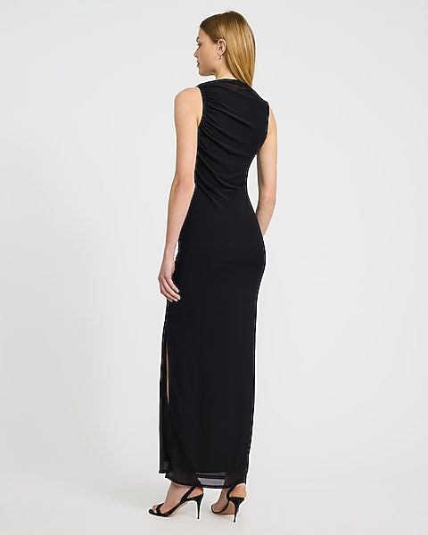 Mesh Crew Neck Sleeveless Ruched Maxi Dress