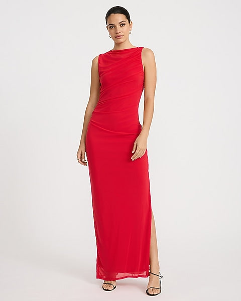 Mesh Crew Neck Sleeveless Ruched Maxi Dress