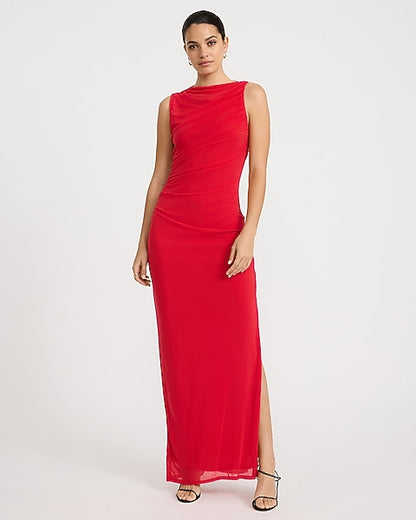 Mesh Crew Neck Sleeveless Ruched Maxi Dress