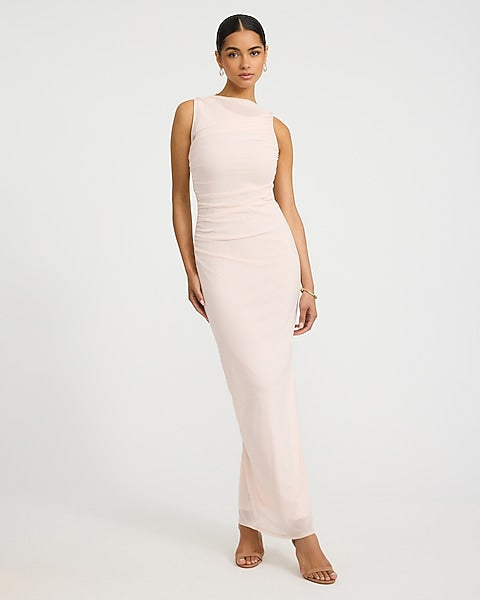 Mesh Crew Neck Sleeveless Ruched Maxi Dress