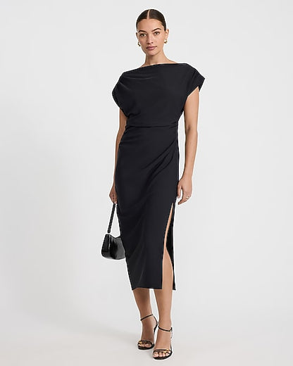Asymmetrical One Shoulder Midi Sheath Dress in Luxe Stretch