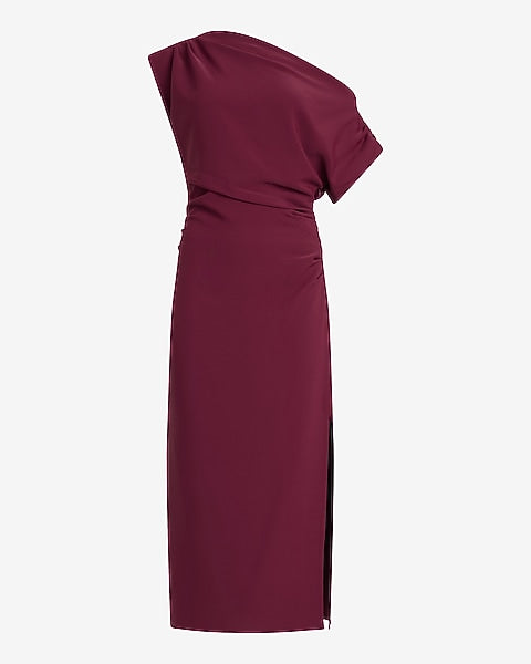 Asymmetrical One Shoulder Midi Sheath Dress in Luxe Stretch
