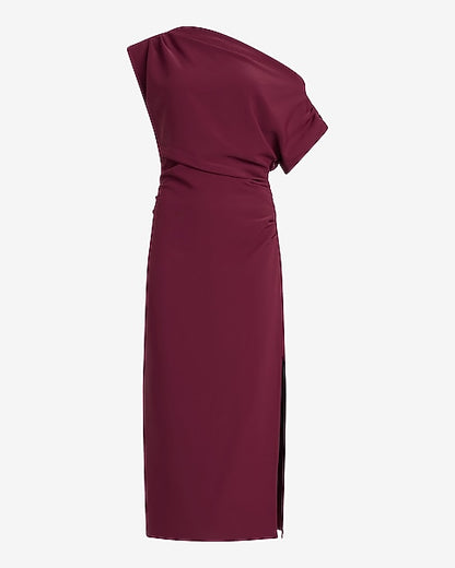 Asymmetrical One Shoulder Midi Sheath Dress in Luxe Stretch