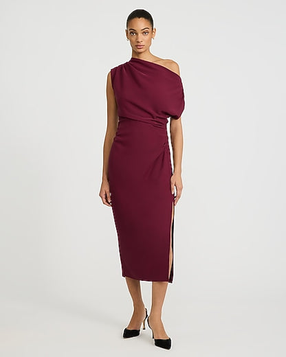Asymmetrical One Shoulder Midi Sheath Dress in Luxe Stretch