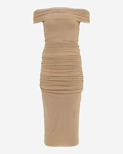 Mesh Shine Off The Shoulder Ruched Midi Sheath Dress