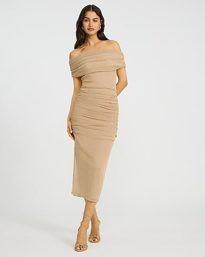 Mesh Shine Off The Shoulder Ruched Midi Sheath Dress