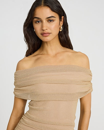 Mesh Shine Off The Shoulder Ruched Midi Sheath Dress