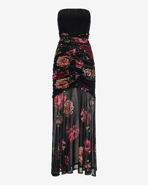 Floral Mesh Strapless Corset Layered Ruched Maxi Dress - Black Print