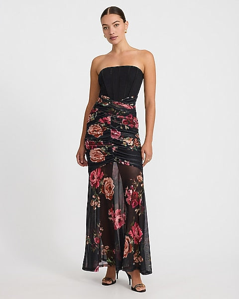 Floral Mesh Strapless Corset Layered Ruched Maxi Dress - Black Print