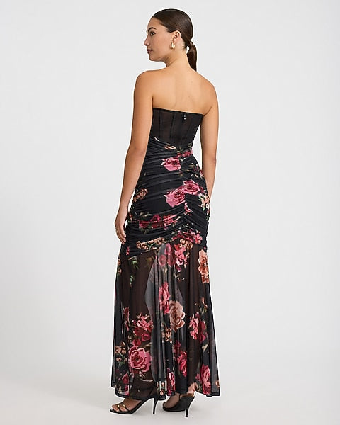 Floral Mesh Strapless Corset Layered Ruched Maxi Dress - Black Print