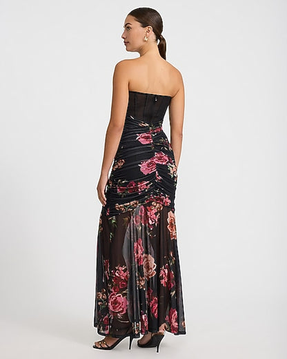 Floral Mesh Strapless Corset Layered Ruched Maxi Dress - Black Print