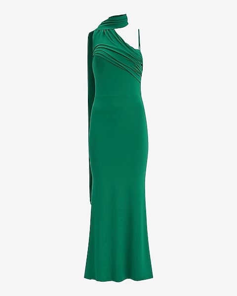 Scarf Neck Draped Knit Maxi Sheath Dress - hunter green