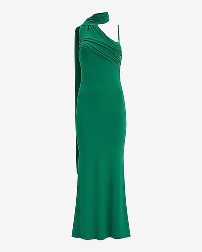 Scarf Neck Draped Knit Maxi Sheath Dress - hunter green