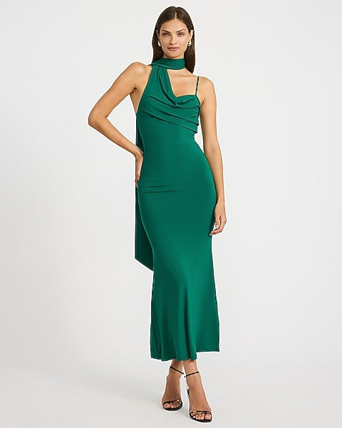 Scarf Neck Draped Knit Maxi Sheath Dress - hunter green