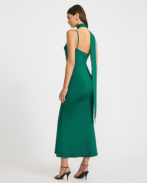 Scarf Neck Draped Knit Maxi Sheath Dress - hunter green