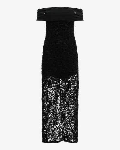 Lace Off The Shoulder Sheer Hem V-Back Maxi Dress - Pitch Black
